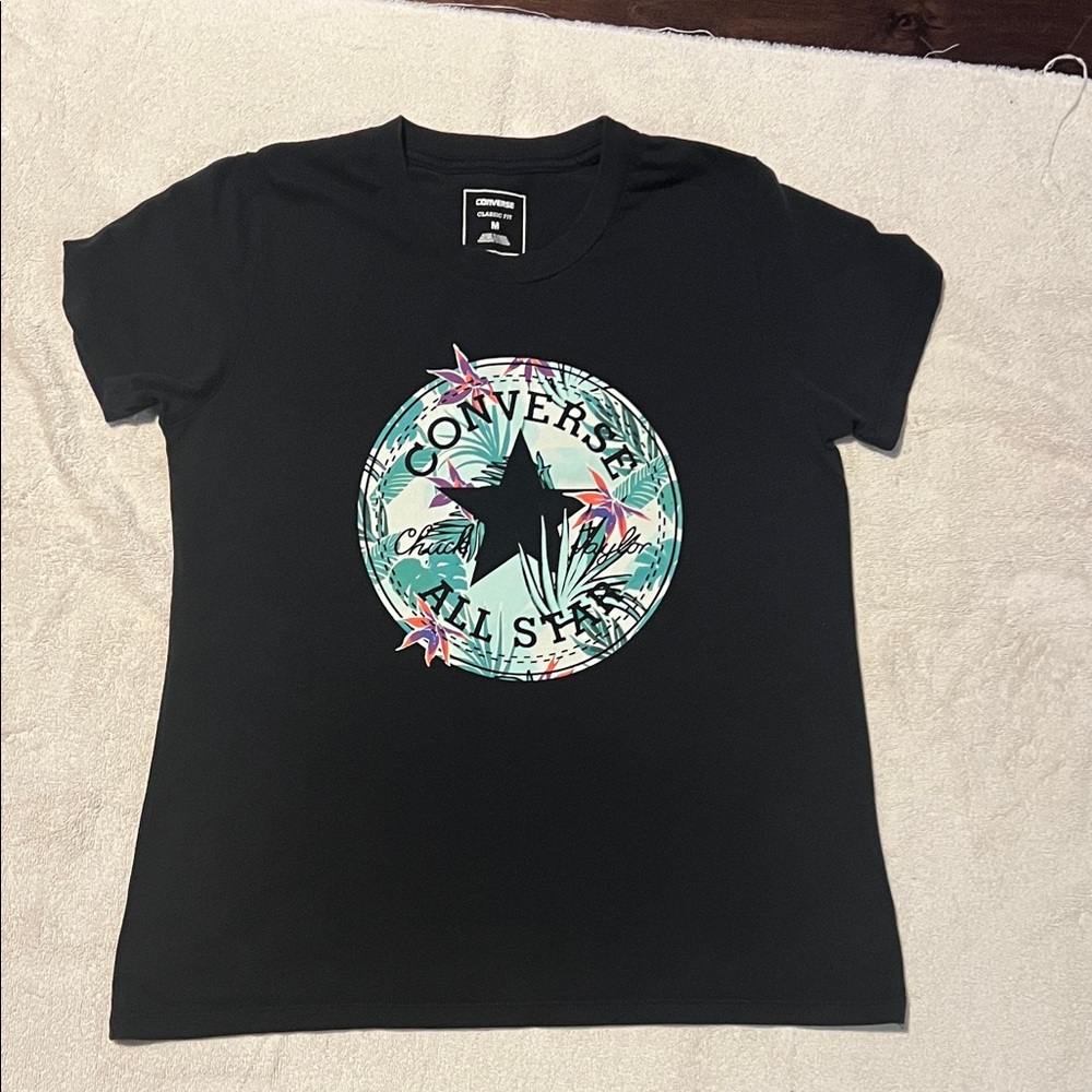 Women's Black Tee with Colorful Converse Star Graphic
